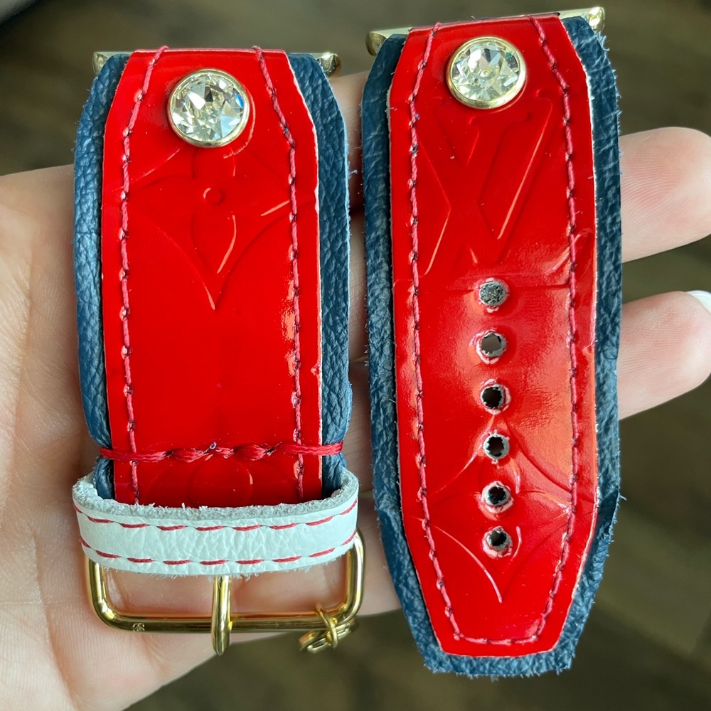 Upcycled LV Red and Blue Leather Watch Band with Gold Buckle